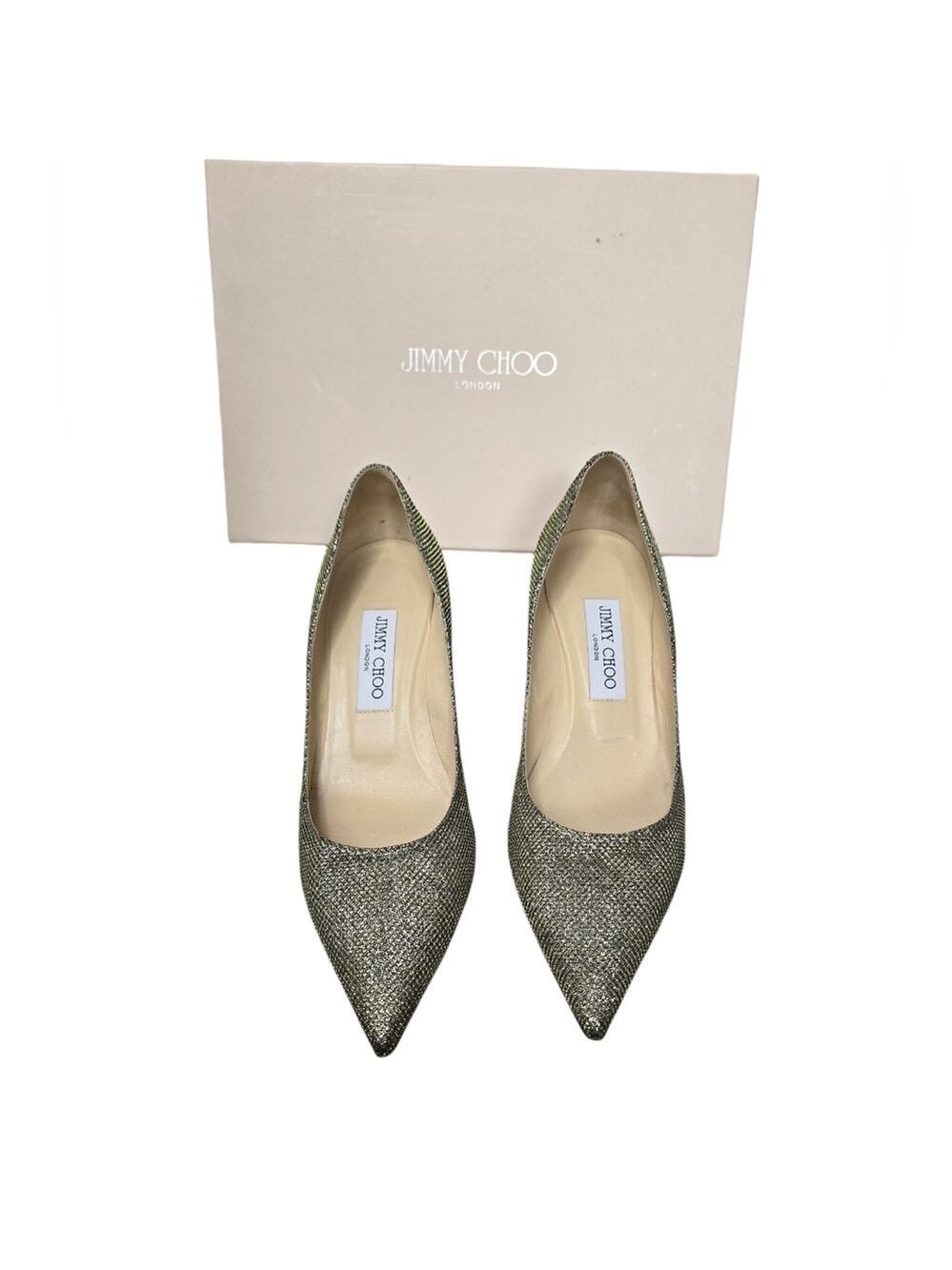 Jimmy Choo Lame Glitter Light Bronze Pointy Toe Kitten Heels 38 - Picture 3 of 12